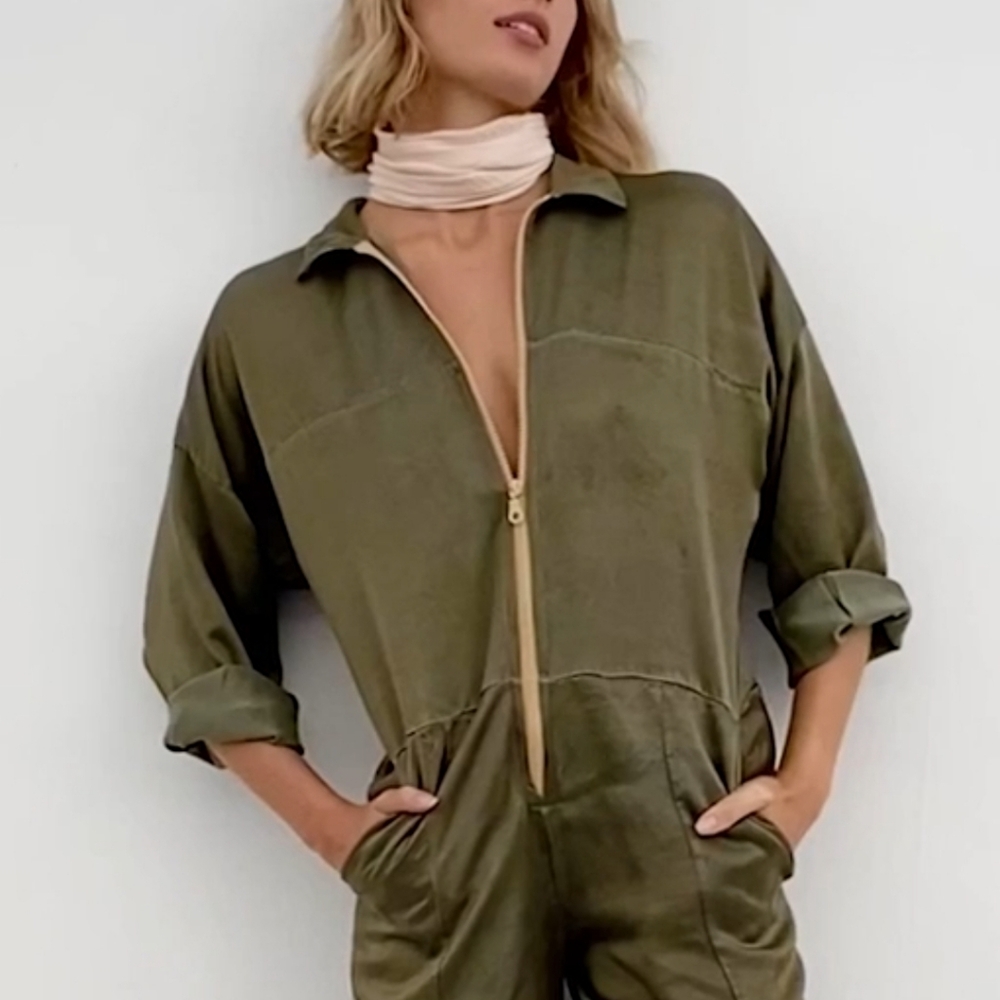 Cali Dreaming Flight Suit In Olive Green Satin Size XS - Picture 2 of 5
